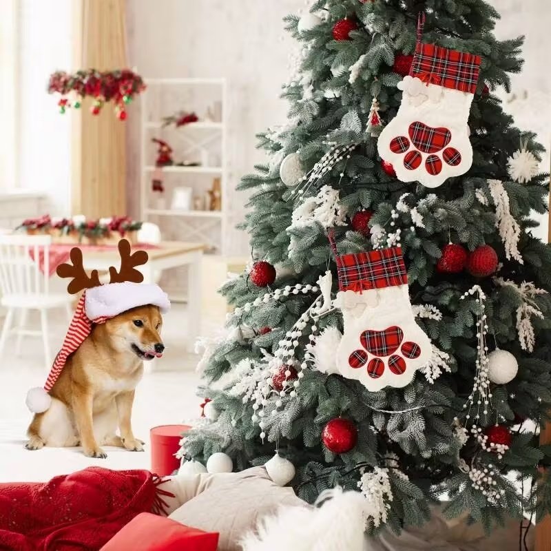 Large 18x11 Inch Dog Christmas Stocking With Red Plaid Design, Perfect For Gifts Decorations, Hanging Flexibility
