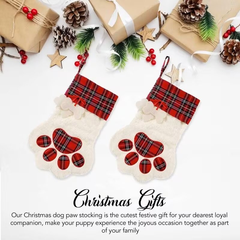 Large 18x11 Inch Dog Christmas Stocking With Red Plaid Design, Perfect For Gifts Decorations, Hanging Flexibility