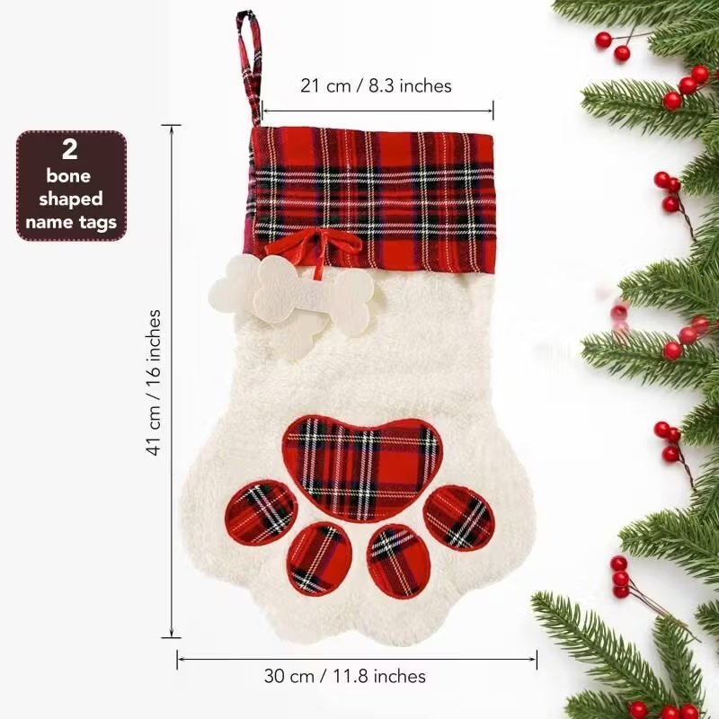 Large 18x11 Inch Dog Christmas Stocking With Red Plaid Design, Perfect For Gifts Decorations, Hanging Flexibility