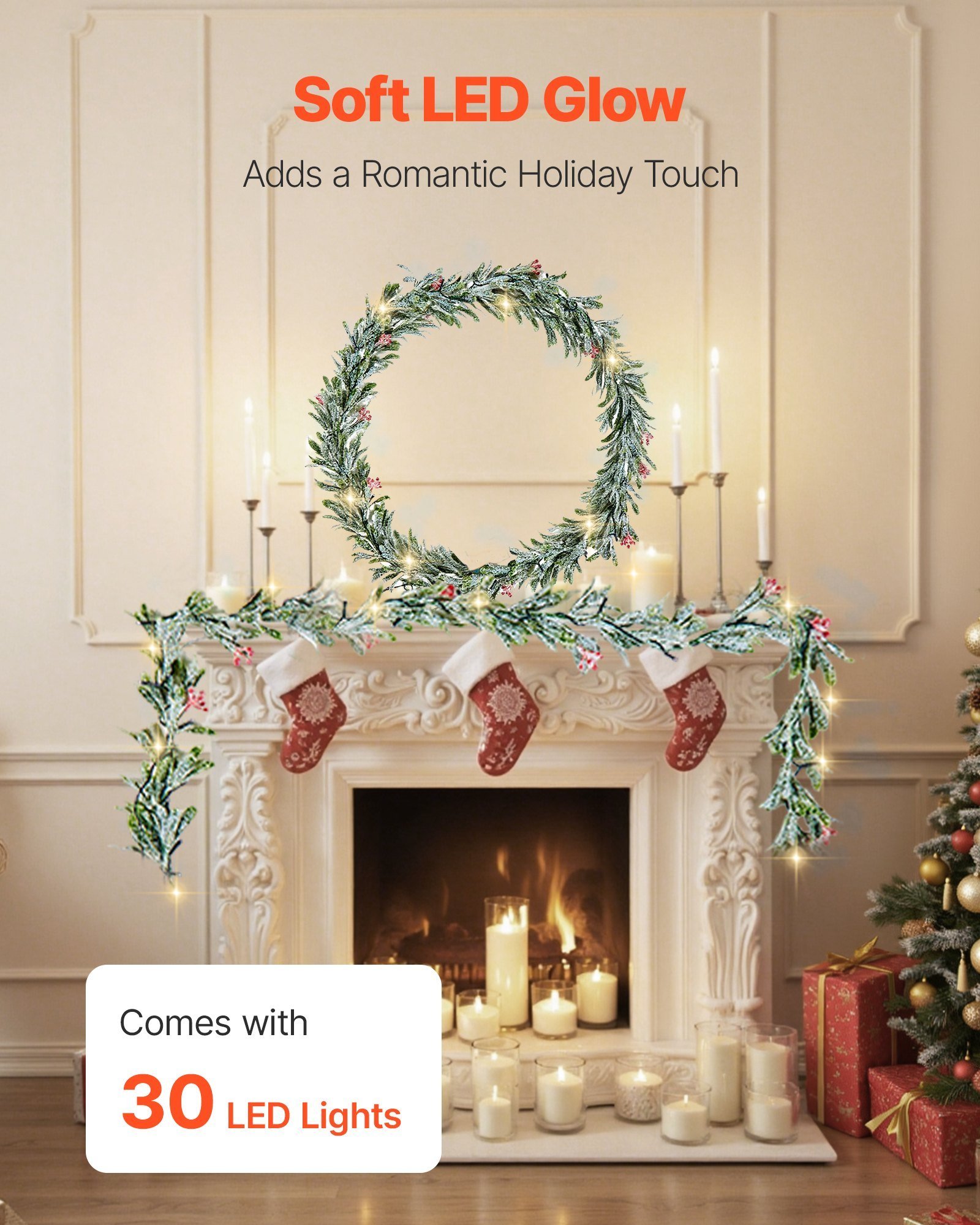 Christmas Garland, 9-FT Realistic Greenery Decorated With Vines, Olive Leaves, And Berries, Evergreen Faux Garlands With Light String For Indoor Outdoor Xmas Decoration On Mantel Fireplace