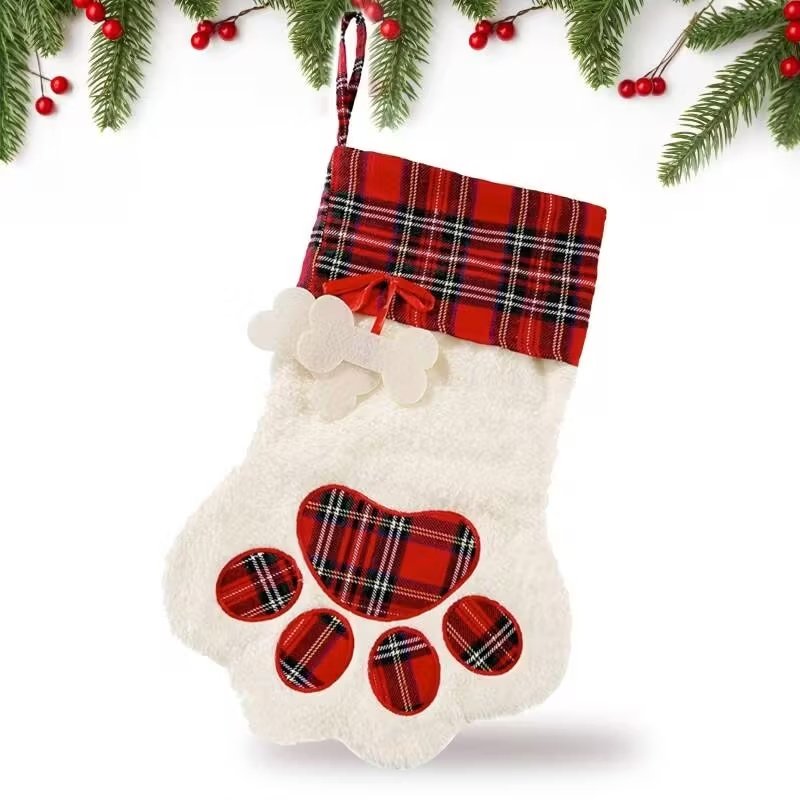 Large 18x11 Inch Dog Christmas Stocking With Red Plaid Design, Perfect For Gifts Decorations, Hanging Flexibility