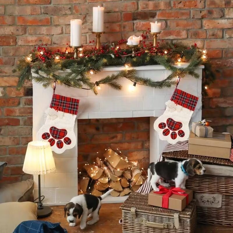 Large 18x11 Inch Dog Christmas Stocking With Red Plaid Design, Perfect For Gifts Decorations, Hanging Flexibility